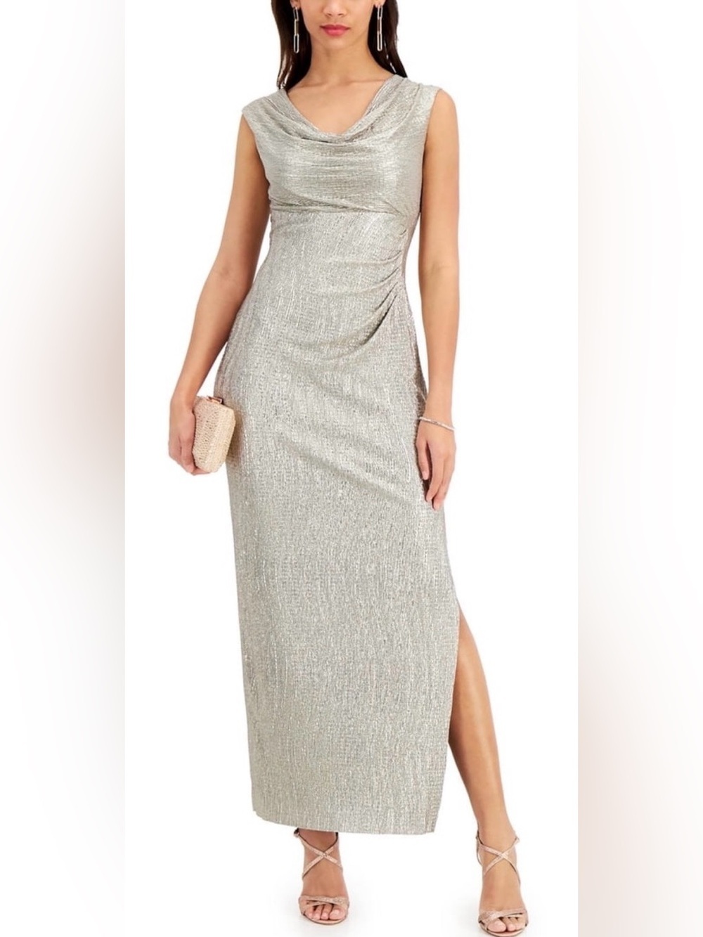 Connected Apparel Metallic Cowl Neck Evening Dress